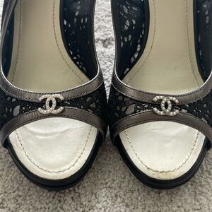 Chanel black lace with pewter trim slingback heels size 40.5